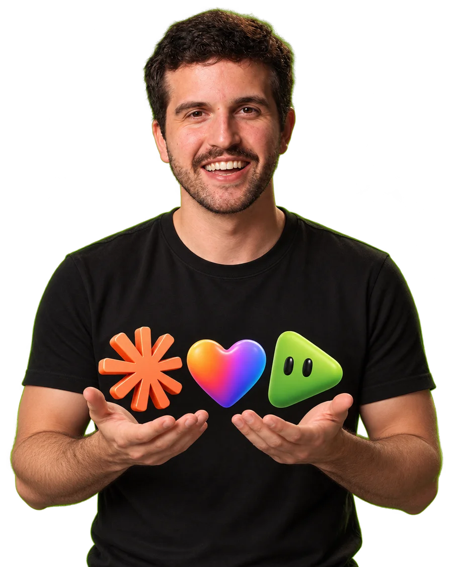 Rafa Voss segurando as logos do Claude, Lovable e Editor de IA Pro